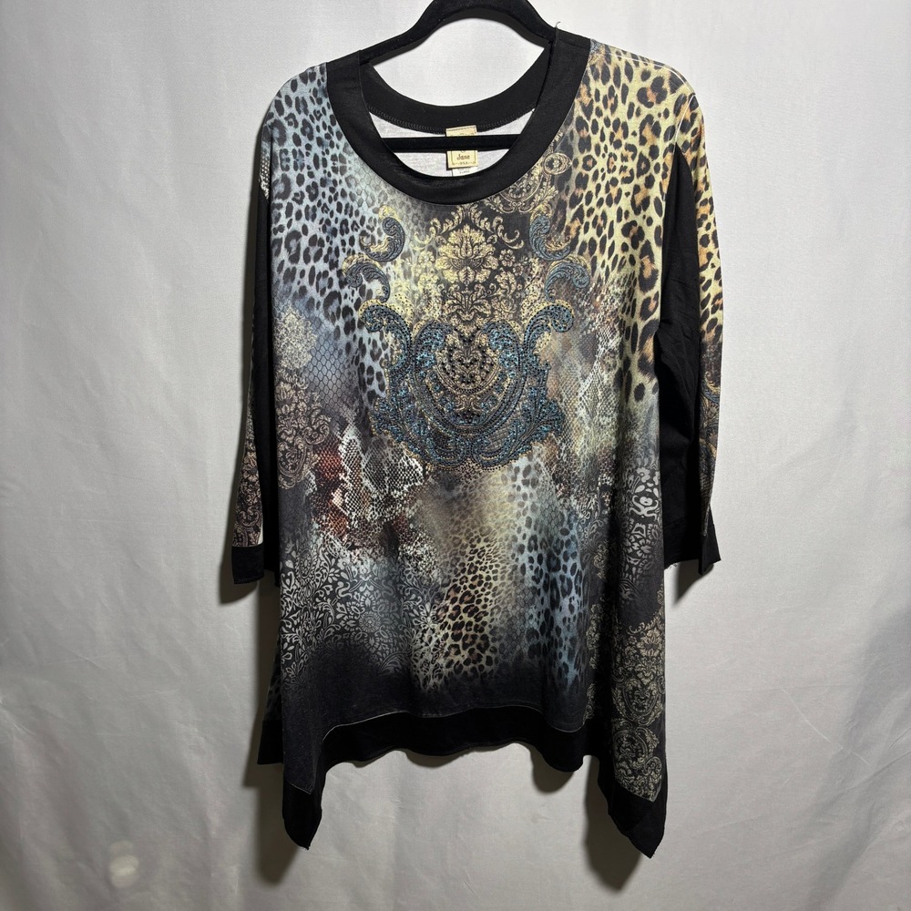 Jess & Jane Y2K Top Studded Shark‎ Bite Hem Womens XL Animal Print USA Made